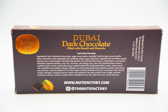 Nuts Factory – Dubai Dark Chocolate Bar – Pistachio &amp Kataifi – Pack of 2