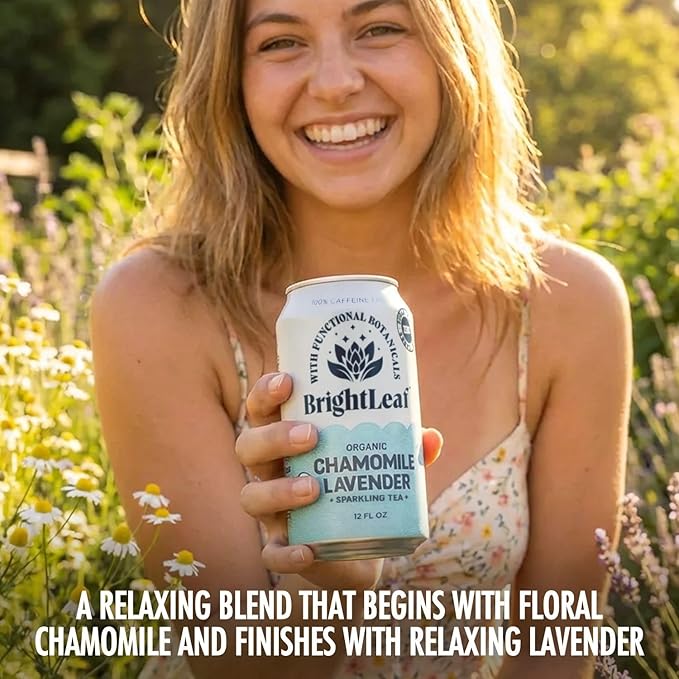 BrightLeaf Chamomile Lavender Sparkling Tea with Functional Benefits for Calm &amp Relaxation – Regenerative Organic Caffeine-Free Zero Sugar Zero Calories Zero Sweeteners Botanical Blend – 12oz