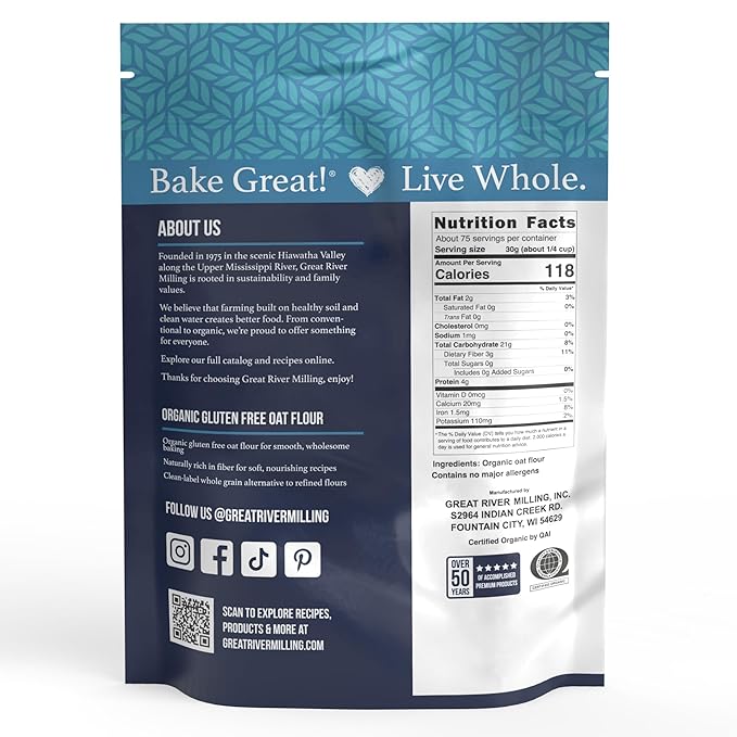Great River Milling Organic Oat Flour | Gluten Free Whole Grain Flour | Non-GMO Kosher Vegan Certified | Naturally Sweet Flavor for Pancakes Muffins Cookies &amp Baking Blends | 5 Lb