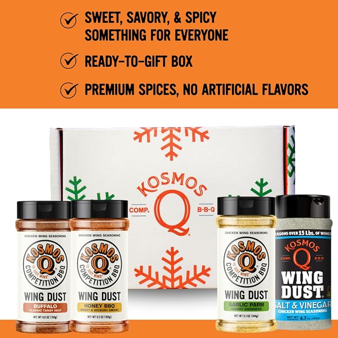 Kosmos Q Ultimate Chicken Wing Box Includes Buffalo Honey BBQ Garlic Parmesan and Salt &amp Vinegar Seasoning Gift Set for Chicken Popcorn Fries &amp More Gifts for Men