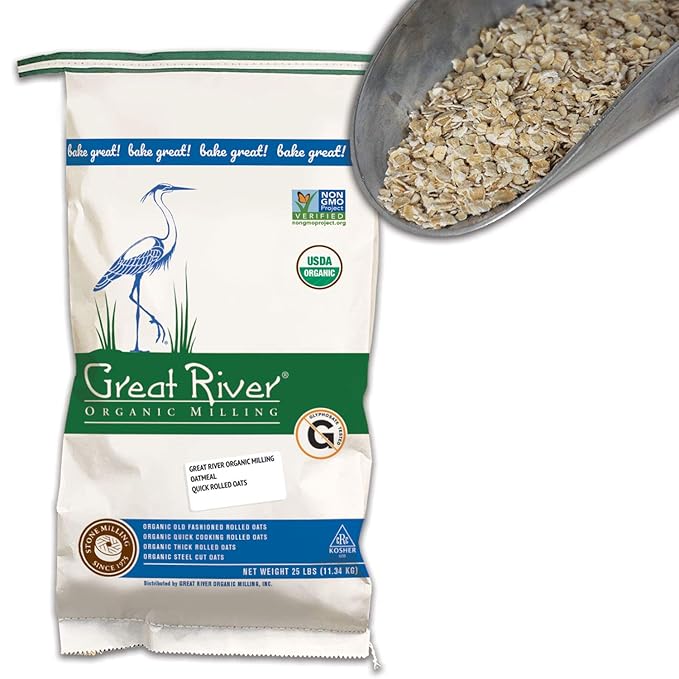 Great River Organic Milling Organic Quick Cooking Rolled Oats | USDA Organic Non-GMO Kosher | Whole Grain Oatmeal for Breakfast &amp Baking | Ideal for Cookies Granola &amp More | 25 Lb