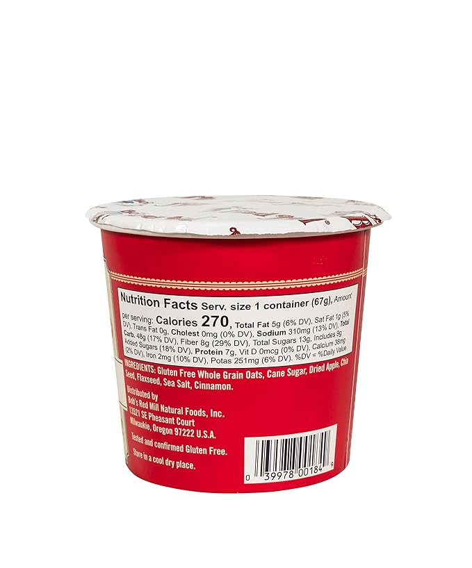 Bob's Red Mill GF Oatmeal Cup Apple &amp Cinnamon 2.36 Ounce Cup (Pack of 8) Gluten Free Non-GMO Whole Grain Kosher