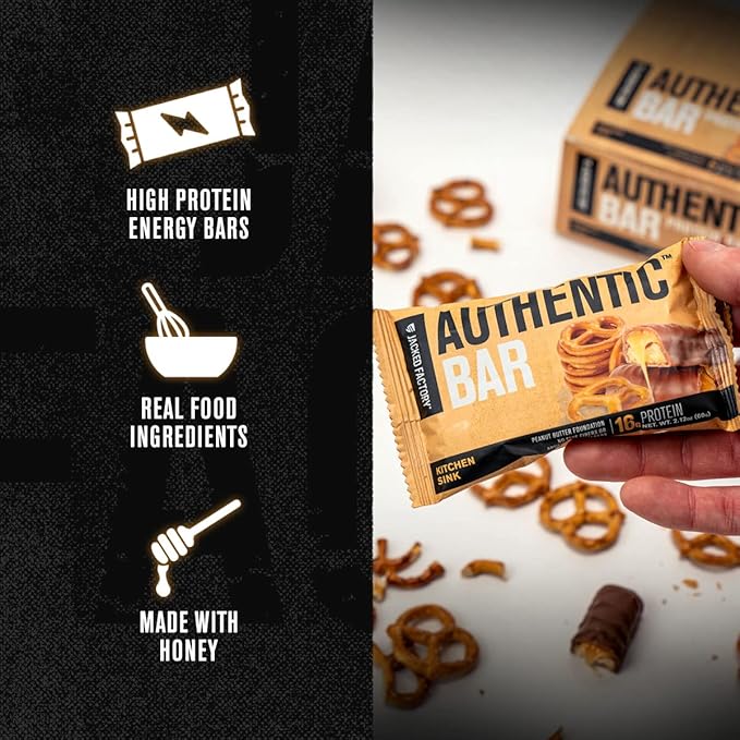 Jacked Factory Authentic Bar Kitchen Sink Protein Bars - Tasty Meal Replacement Energy Bars | 16g Whey Protein Isolate Natural Sugars from Pure Honey Healthy Fat Peanut Butter Foundation | 12 Pack