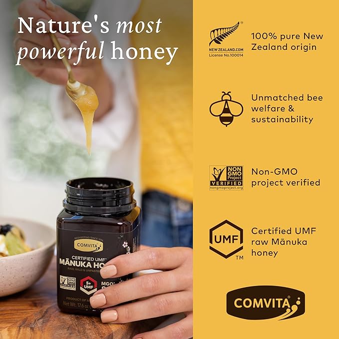 Comvita Manuka Honey UMF 5+ (MGO 83+) - Raw Manuka Honey New Zealand Pure &amp Unpasteurized Superfood for Immune Health Use in Tea Wild Monofloral Non-GMO - 500g (17.6 oz)