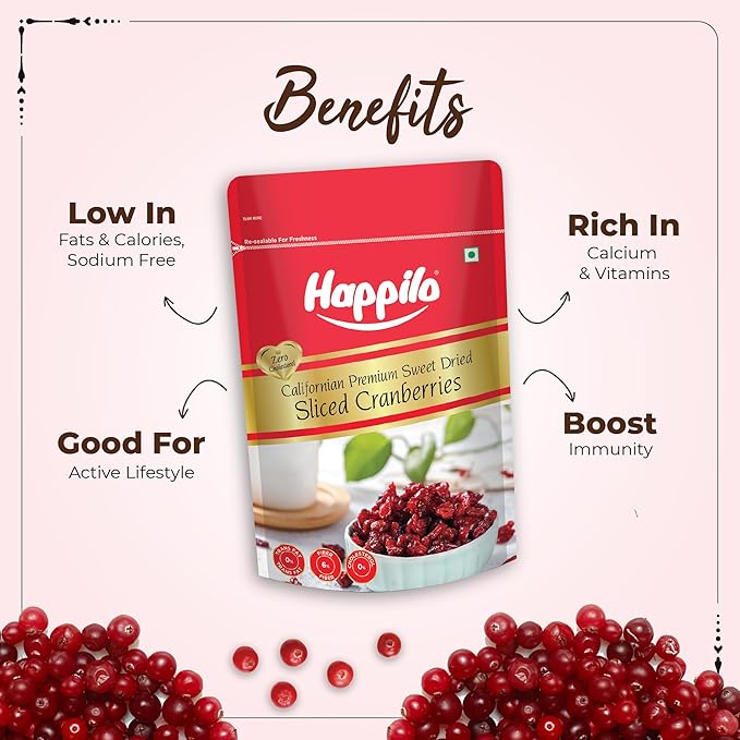 Happilo Premium Californian Dried and Sweet Sliced Cranberries 200g | Real dried fruit | High Antioxidants Dietary Fiber | Healthy Sweet Treats