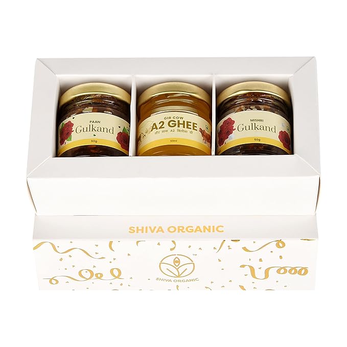 White and Gold Gift Box (50g each - A2 Ghee + Paan Gulkand + Mishri Gulkand)