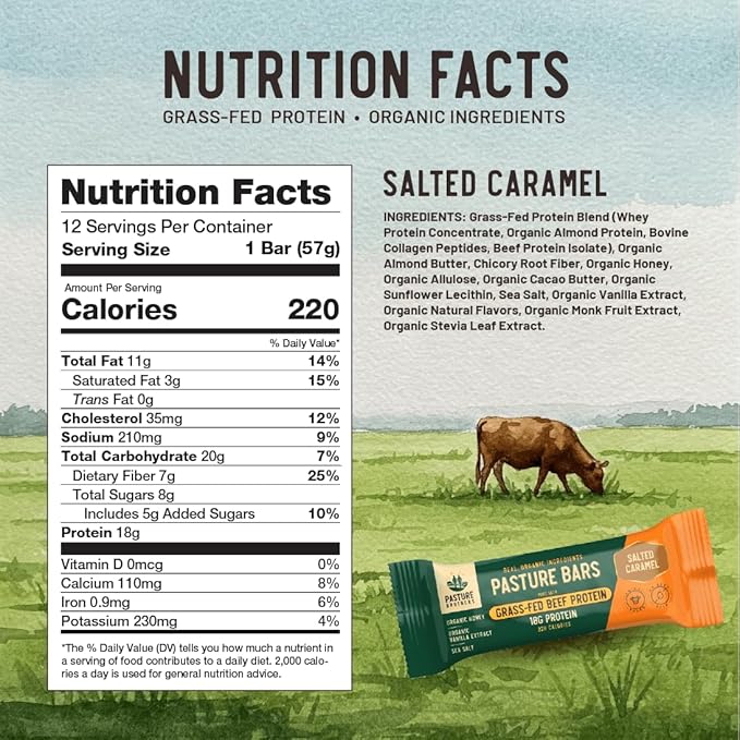 Pasture Brothers Grass-Fed Protein Bars - 18g Protein Seed Oil Free &amp Gluten Free - Clean Energy Snack with Organic Ingredients No Artificials (12-Pack Salted Caramel)
