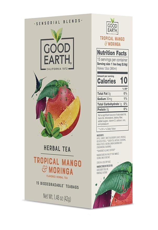 Good Earth Sensorial Blend Flavored Herbal Tea Tropical Mango and Moringa No Artificial Color No Preservatives 15 Bag (Pack of 5)