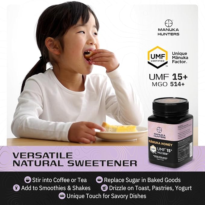 Manuka Hunters UMF 15+/MGO 514+ Certified New Zealand Manuka Honey - 100% Pure Natural Sweetener - Gluten Dairy Free - Ideal for Tea Coffee Smoothies and Baking - Sustainable - 1.1lbs/500g Jar