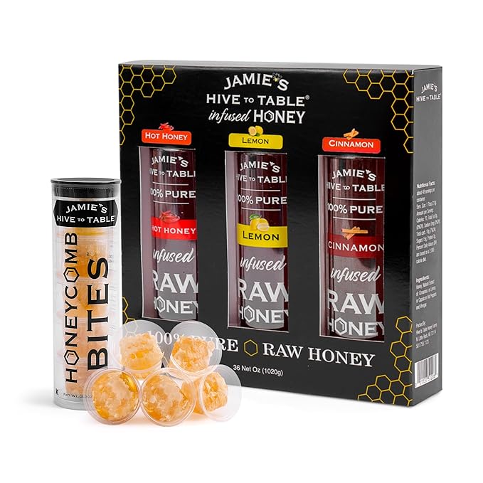 Jamie's Hive To Table Bites &amp Infused Honey Gift Set (3.3 Oz 5 Bites &amp 3x12 Oz Squeeze Bottles) – Raw Honeycomb with Bee Pollen and Propolis &amp Hot Lemon and Cinnamon Flavored Honey