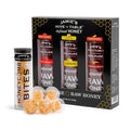 Jamie's Hive To Table Bites &amp Infused Honey Gift Set (3.3 Oz 5 Bites &amp 3x12 Oz Squeeze Bottles) – Raw Honeycomb with Bee Pollen and Propolis &amp Hot Lemon and Cinnamon Flavored Honey