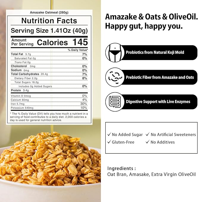 ［AMAGURA］Japanese Amazake Oatmeal 9.9 Oz | Japanese superfood Healthy Oatmeal Supports Gut Health Fermented Superfood Gluten Free No Sugar Added Non-Additive vegan natural plant basedRich N