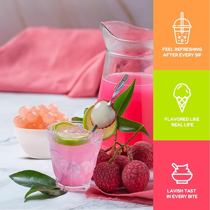Fanale Lychee Popping Boba Pearls Vegan Non GMO Gluten Free Fat Free Perfect for Bubble Tea Smoothies Ice Cream Desserts and Beverages.