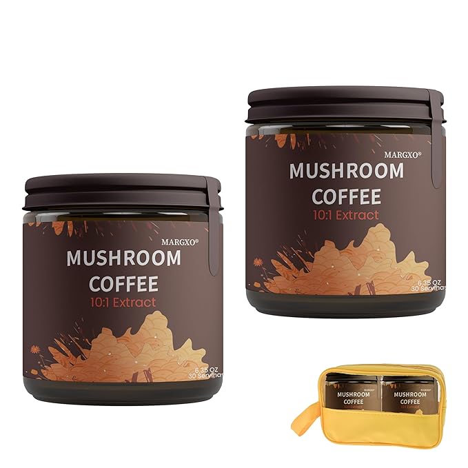 【2-Pack】MARGXO Mushroom Coffee 6.35 oz 30 Servings with Yellow Travel Bag10-Mushrooms Extract Blend Boost Your Energy Contains Coconut Milk