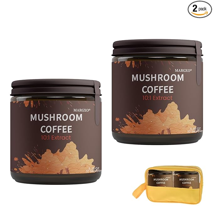 【2-Pack】MARGXO Mushroom Coffee 6.35 oz 30 Servings with Yellow Travel Bag10-Mushrooms Extract Blend Boost Your Energy Contains Coconut Milk