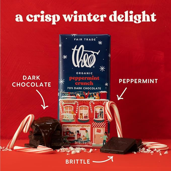 THEO Chocolate Holiday Peppermint Crunch Organic Dark Chocolate Bar 70% Cacao 12 Pack | Vegan Fair Trade 2.8 ounces