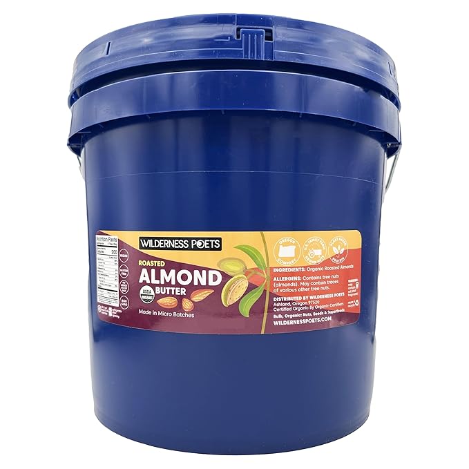 Wilderness Poets Roasted Almond Butter - Organic Smooth Creamy No Salt Unsweetened Nut Butter - Bulk Size (17 Pound - 2 Gallon)