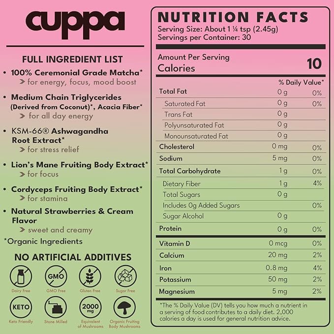 Cuppa Strawberries &amp Cream Matcha - Great tasting ceremonial matcha with mushrooms adaptogens &amp superfoods - Lion's Mane Ashwagandha Cordyceps MCT &amp Prebiotic Fiber . Supports natural
