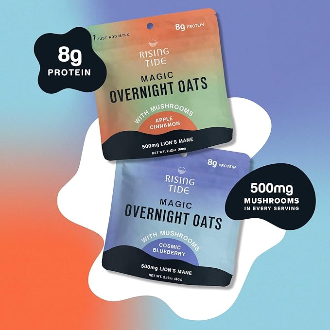 Mushroom Overnight Oats (6 Pack) Superfood Lions Mane Mushroom Chia &amp Flax Seed - Organic Protein Oatmeal - High Fiber Vegan Gluten Free Low Sugar - Easy Prep Plant Protein - Apple Cinnamon &a