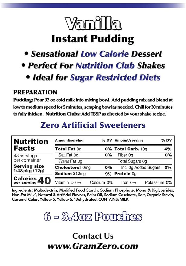 GramZero Vanilla Sugar Free Pudding Mix 6-Pack Great For Nutrition Club Meal Replacement Shakes Low Calorie Dessert Stevia Sweetened