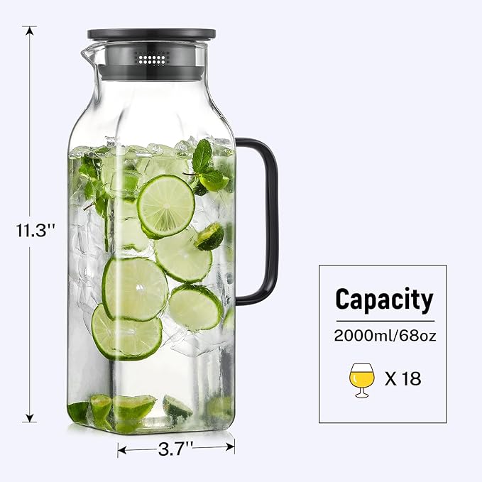2 Pack 2 Liters/68 oz Square Glass Pitcher with Lid and Handle for Fridge Iced Tea and Coffee Carafe Beverage Serveware Heat Resistant Borosilicate Water Black Jug for Hot/Cold Drinks and Milk