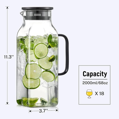 2 Pack 2 Liters/68 oz Square Glass Pitcher with Lid and Handle for Fridge Iced Tea and Coffee Carafe Beverage Serveware Heat Resistant Borosilicate Water Black Jug for Hot/Cold Drinks and Milk