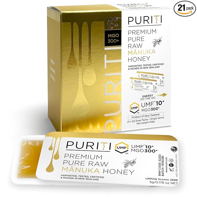 PURITI Genuine Raw Manuka Honey Snaps On The Go - UMF 10+ (MGO300+) 21 x 0.18oz Individual Snap Packets Single Serve Honey Sticks for Tea Travel &amp Snacks Certified Authentic Made in New Zealan