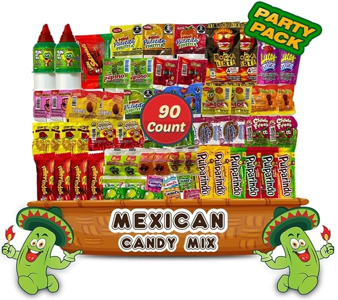 Mexican Candy Assortment Snacks Pack - Variety of Spicy Sweet and Sour Candies Includes Lucas Candy Pelon Pelo Rico Pulparindo Rellerindo by LookOn - 90 Count