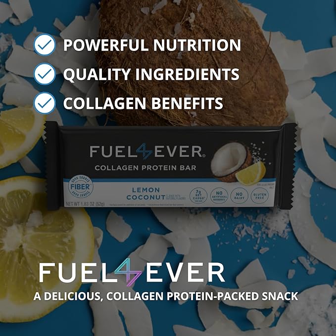 Fuel 4 Ever Collagen Protein Bars | 15G Protein Gluten Free Dairy Free No Stevia or Artificial Ingredients Added Sweetened with Honey | Lemon Coconut Flavor (Box of 12)