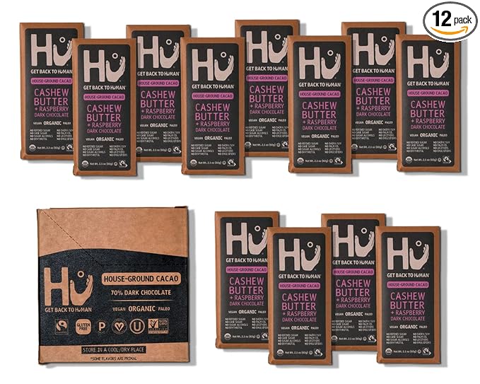Hu Organic Dark Chocolate Bars 12 Pack | Natural Organic Vegan Chocolate Gluten Free Paleo Non GMO Fair Trade Dark Chocolate (Raspberry)