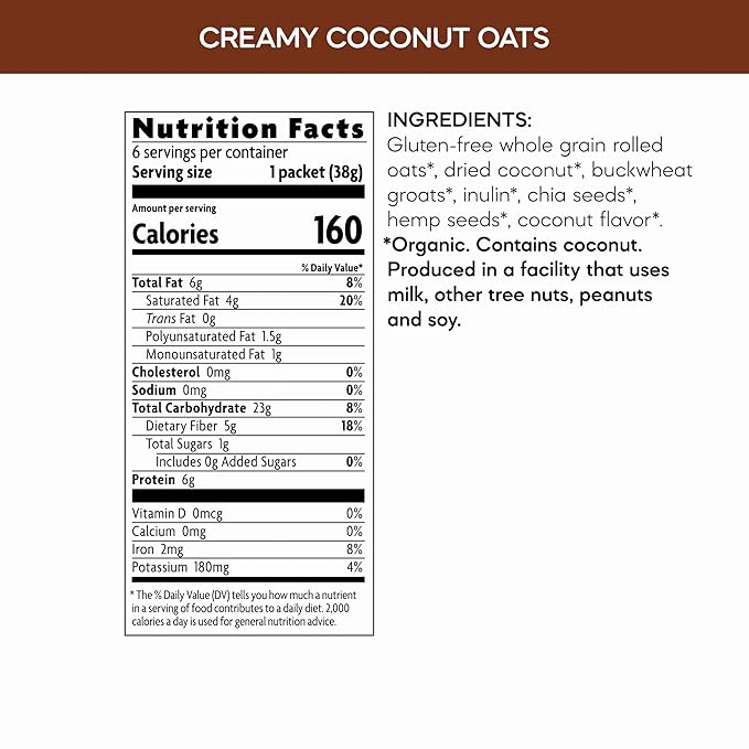 Nature's Path Organic Qi'a Creamy Coconut Instant Oatmeal 8 oz (Pack of 6) Superfood Blend with Chia &amp Hemp Gluten Free Non-GMO