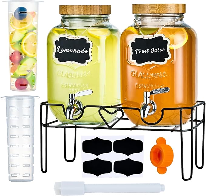 2 Pack1Gallon Glass Drink Dispenser with Stand&ampBamboo Lids&ampFruit Infuser304 Stainless Steel Leak-Proof SpigotBeverage Dispenser for PartiesWater Sangria Juice Sun Tea Lemonade(Natural)