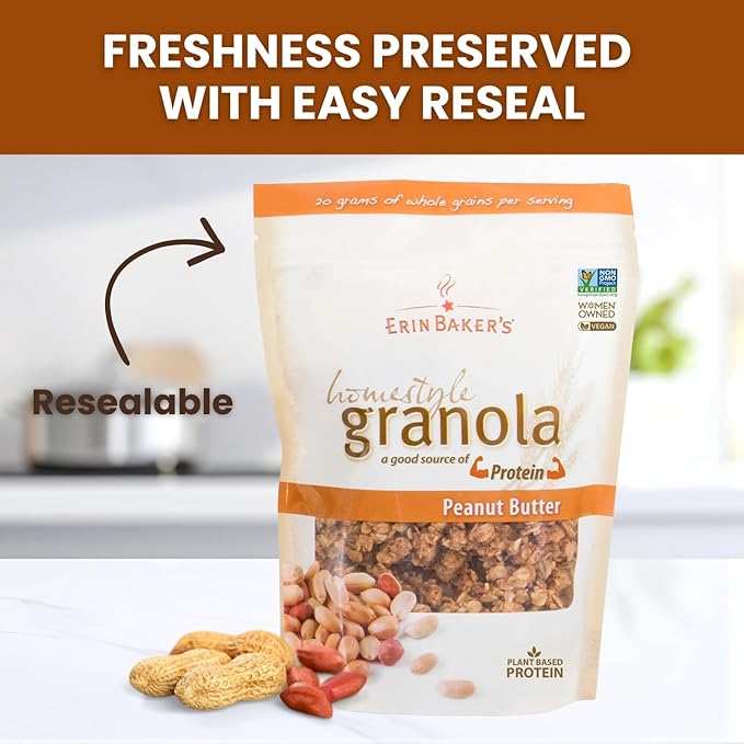 Erin Baker’s Homestyle Peanut Butter Granola with Ancient Grains - Made from Natural Ingredients Crunchy Texture Versatile Snack or Cereal - Vegan Friendly Non-GMO Resealable 12oz Bags 6‑Pack