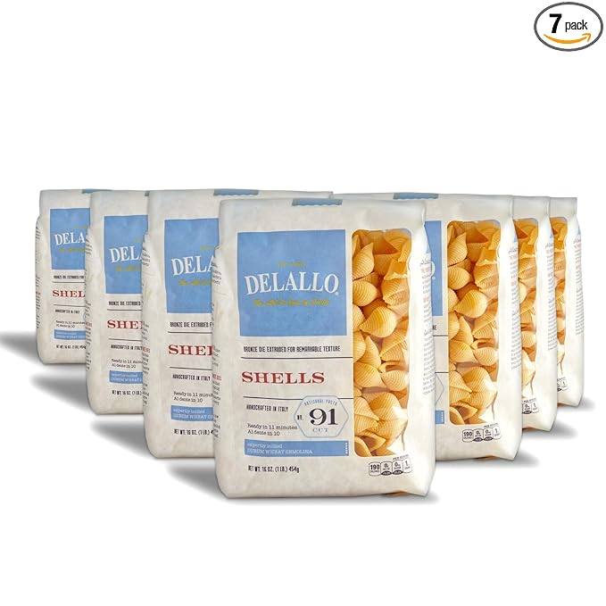 DeLallo Conchiglie Pasta Shells 1 Pound Bag 7 Pack Conch Shape Made with Durum Wheat Semolina Flour Cooks in 9 Minutes Non GMO
