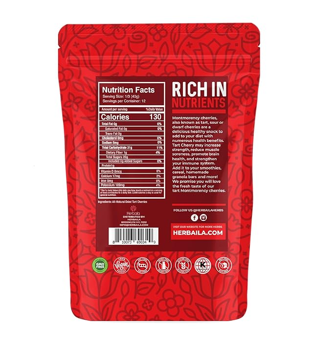 Herbaila Dried Cherries Tart Cherry Montmorency Tart Cherries Dried Sour Cherries Fresh Montmorency Dried Tart Cherries Dried Cherries All-Natural Whole Sour Cherry (1lb)