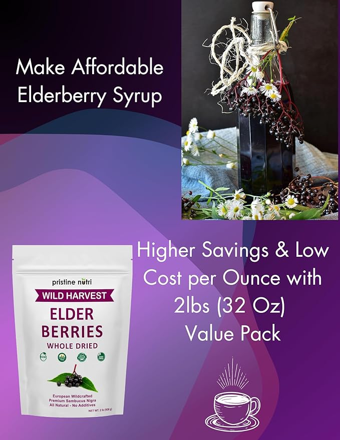 Elderberries Dried Bulk | Whole European Elderberry Dried Wildcrafted All Natural | Non-GMO Non-irradiated | Immunity Booster Antioxidants and Vitamins | Make Syrup Tea| 2 lb (32 oz)
