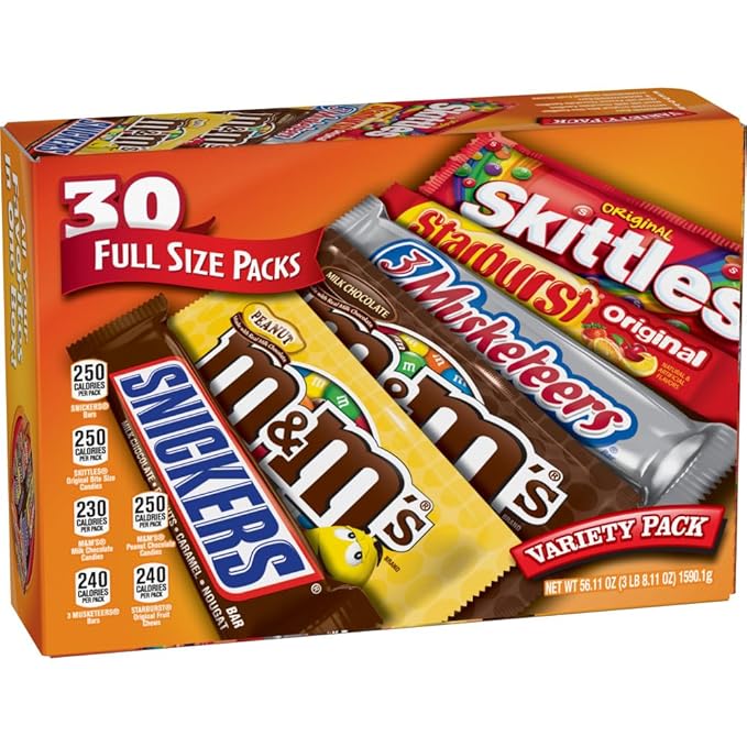Mars M&ampM'S SNICKERS 3 MUSKETEERS SKITTLES &amp STARBURST Variety Pack Full Size Bulk Candy Assortment 56.11 oz 30 Count