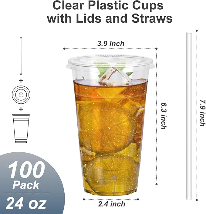 100 Pack - 24 oz Clear Plastic Cups with Lids and Straws Sturdy &amp Food Safe Iced Coffee Cups with lids Disposable Plastic Smoothie Cups for Cold Drinks