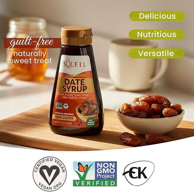 (Pack of 2) 12oz Soleil Date Syrup | Made with 100% Deglet Noor dates | Certified NON-GMO KOSHER. Healthy Natural Sweetener with NO added sugars or preservatives Gluten-free Vegan. PBA-free squeez