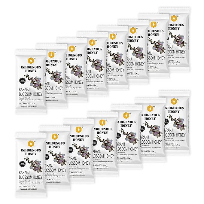 INDIGENOUS HONEY Natural Karanj Honey Organic Raw Pure Unprocessed Added Sugar Free NMR Tested Unpasteurized Unheated 15 Travel Sachets 15g Each Total 225g