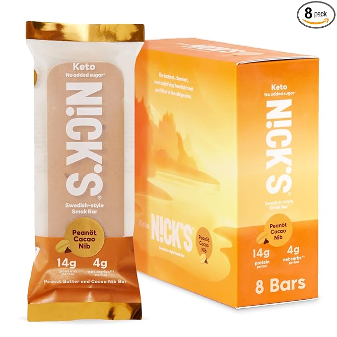 Nick's Smak Bar Protein Bar Peanut Cacao Nib Eat Cold No Added Sugar Protein Keto Snack 14g Protein 6g net carbs 8 Count