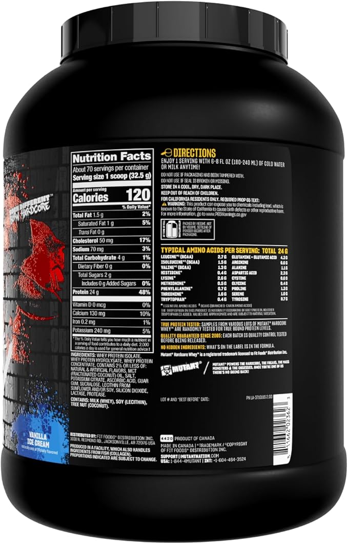 Mutant Hardcore WHEY | 100% Pure Whey Protein | 24g Protein Fast-digesting whey Protein Isolate Plus whey Protein hydrolysate | 70 Servings | 5 LB | Vanilla