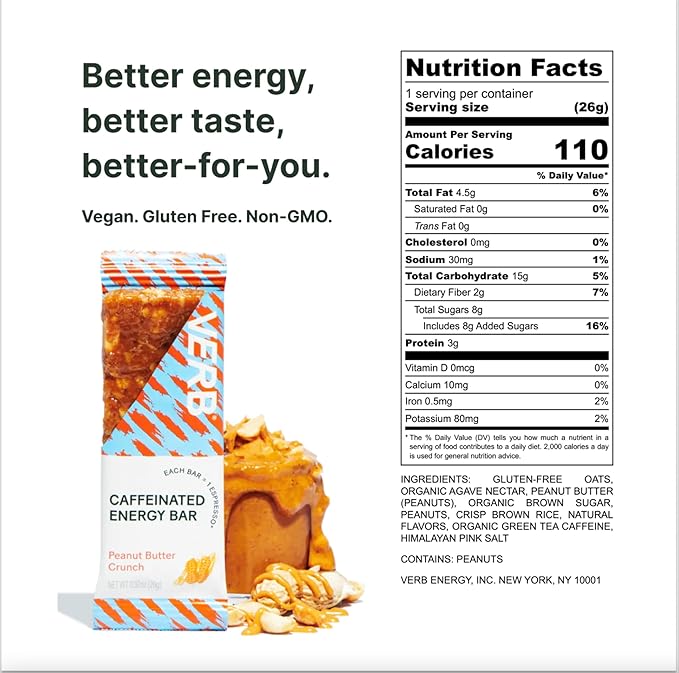 Verb Energy Bar Variety Pack – Peanut Butter Cookie &amp Chocolate Peanut Butter Cup – Caffeinated Snack Bars – Low Sugar 110-Calorie Energy Bars – Vegan Gluten-Free with Organic Green Tea (32 Pac