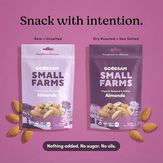 GoodSam Foods - Organic Roasted &amp Salted Almonds 1.25lbs (2x10z Bags) - Regeneratively Farmed California Almonds for Snacking Cooking and Baking