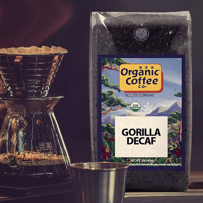 Organic Coffee Co. Gorilla Decaf Whole Bean Coffee 2LB (32 Ounce) Medium Light Roast Natural Water Processed Decaffeinated USDA Organic