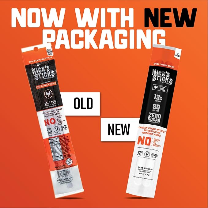 Nick's Sticks Spicy Free Range Clean &amp Balanced Chicken Snack Sticks | Made in the USA | Gluten Free | Paleo Keto Whole 30 Approved | No Soy Antibiotics or Hormones (25-1.7 oz. Packages of 2 st