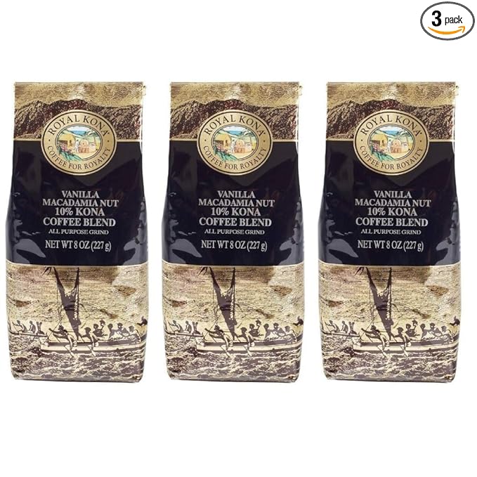 ROYAL KONA COFFEE - Medium Roast Ground Coffee Vanilla Macadamia Flavor 8 Ounce (Pack of 3)