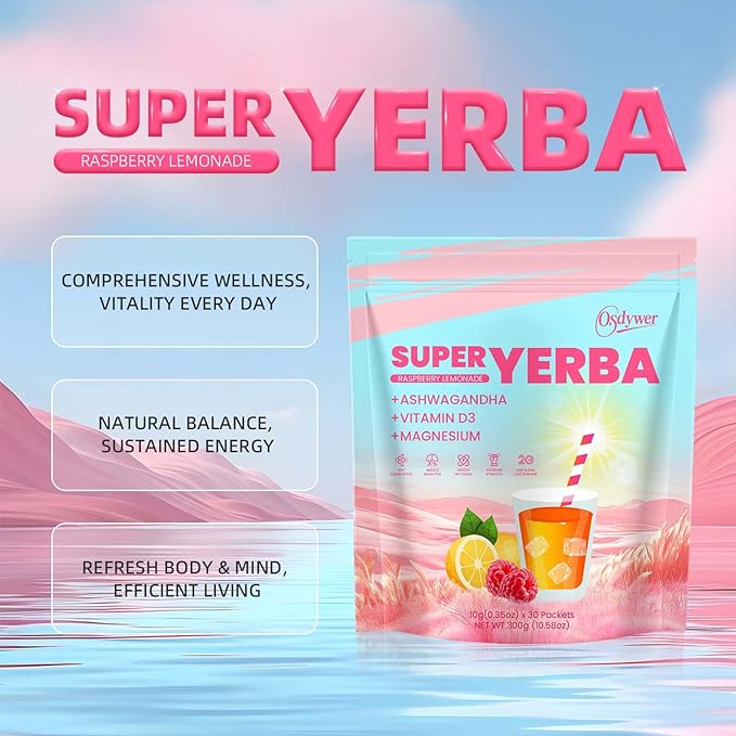 Super Yerba Mate Yerba Mate Instant Tea Powder RASPBERRY LEMONADE Flavor Mate Tea Supplements with Prebiotics and Probiotics - 30 Servings (2)