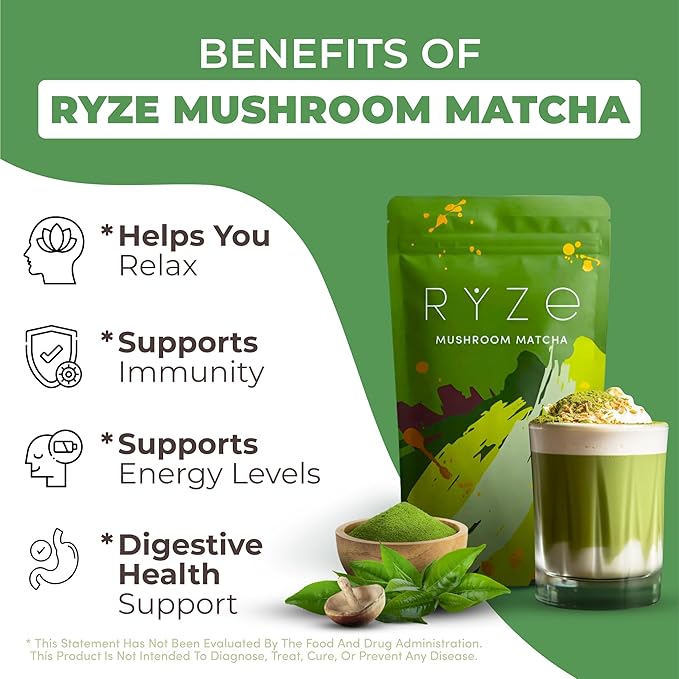 RYZE SUPERFOODS Mushroom Matcha Starter Kit USDA Organic with 6 Adaptogenic Mushrooms and Ceremonial-Grade Matcha Energy Focus Digestion Immunity with Turkey Tail Shiitake Reishi 60 servings