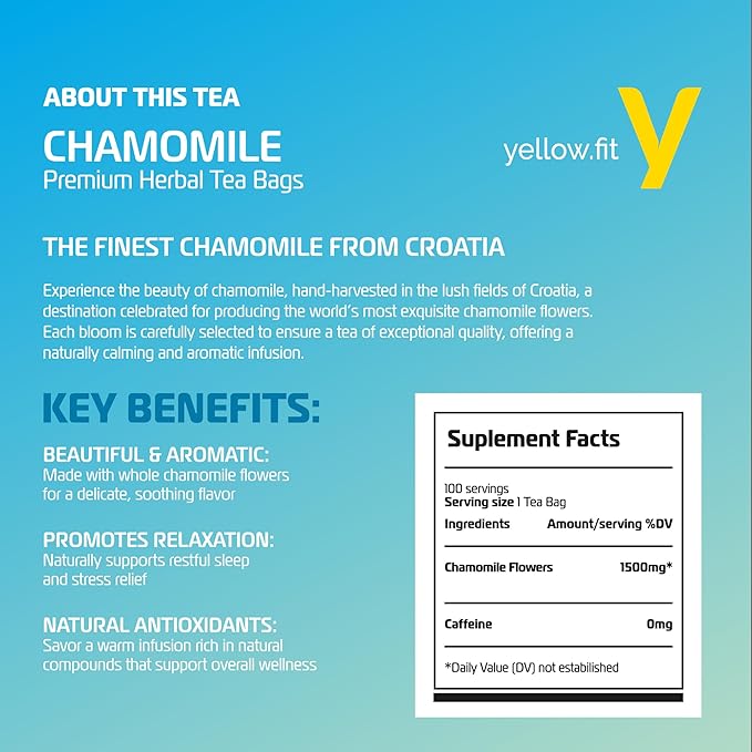 Yellow.fit Chamomile Herbal Tea Bags – 1500mg Loose Leaf Tea Bags Caffeine-Free Herbal Tea Made with Whole Chamomile Flowers Plant-Based Tea Bags 100 Count